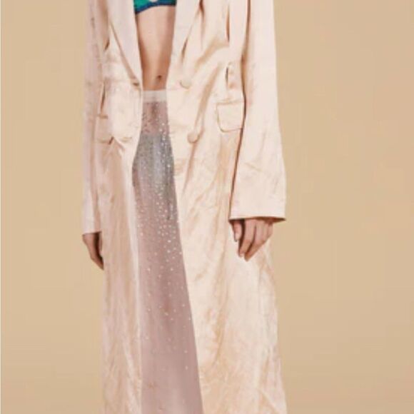 Zara Long Cream Coat Linen Blend Coat with Topstitching, - Picture 3 of 8